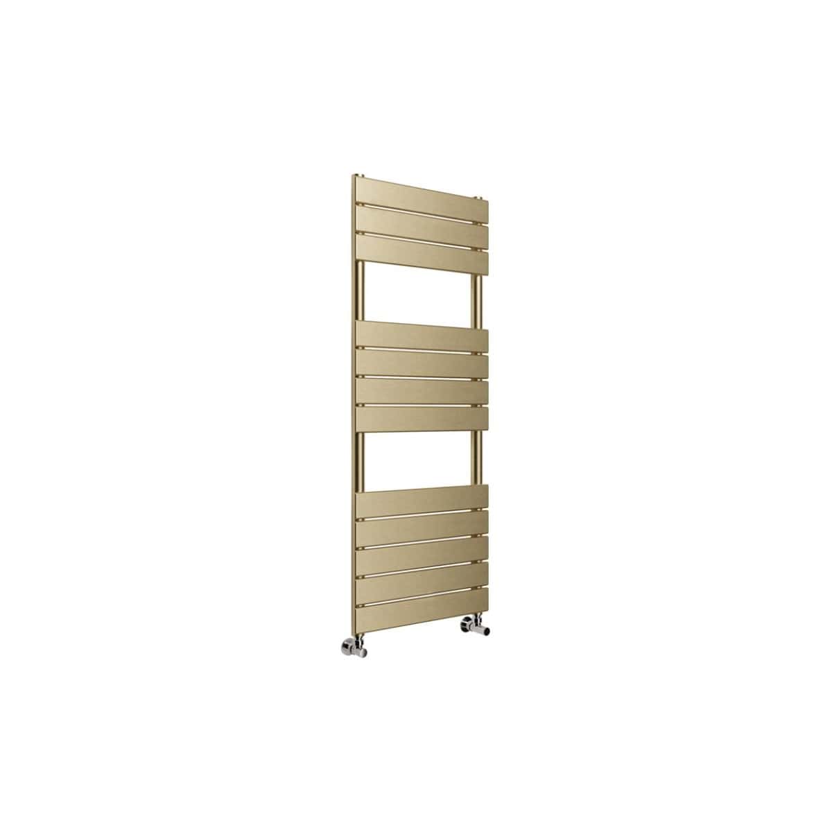 Sleek beige bathroom towel radiator with horizontal bars and caster wheels, ideal for modern bathroom heating and towel drying solutions, blends style and functionality.