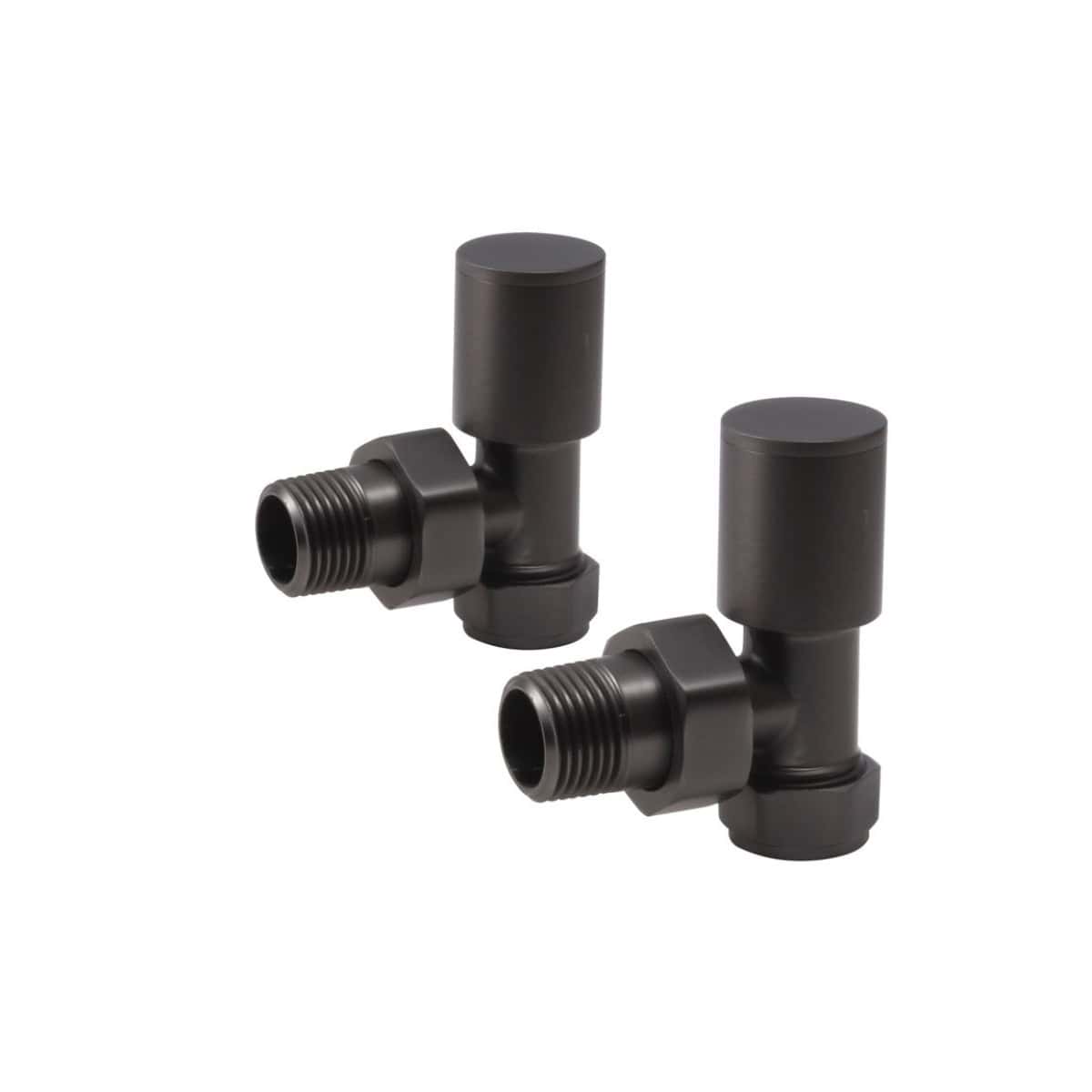 Black radiator thermostatic valve pair for bathroom heating systems. High-quality, durable plumbing fittings designed for efficient temperature control in modern bathrooms.