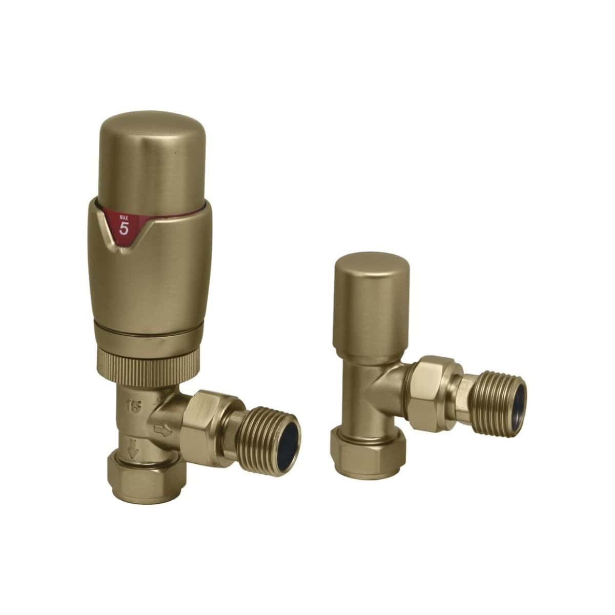 Brass radiator thermostatic valve and lockshield set for luxury bathroom heating, featuring precise temperature control and high-quality construction from Bubly Bathrooms.