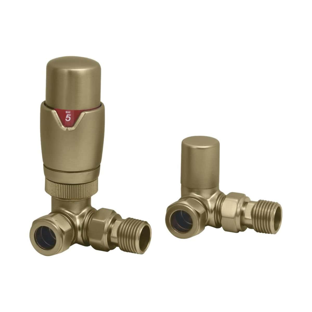 Brass radiator valves with red adjustable thermostatic controls for bathroom heating systems. Perfect for precise temperature regulation in modern bathroom radiator setups on bubly.co.uk.