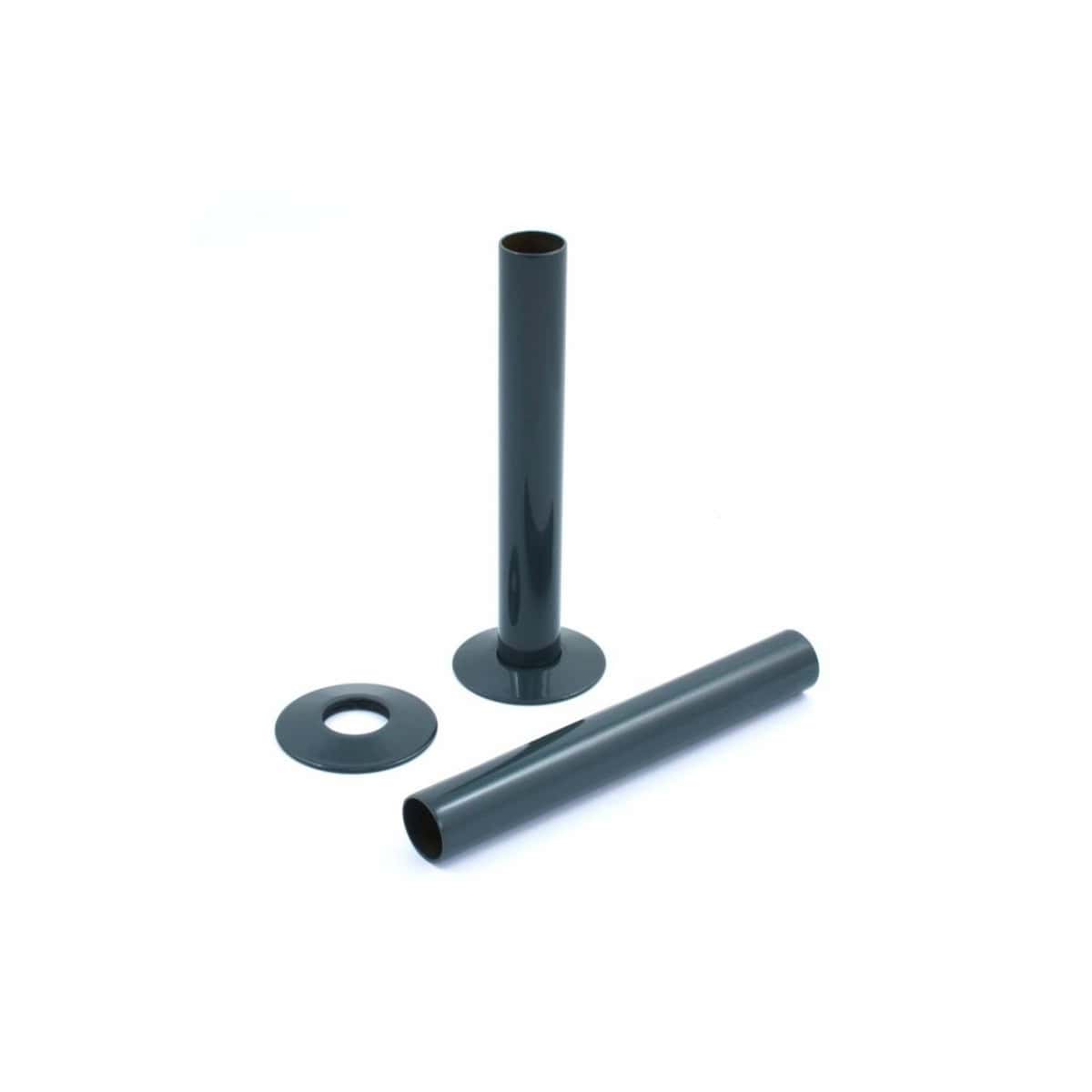 Black bathroom pipe fittings set with flanges and washers for plumbing and bathroom installations. Suitable for modern bathroom renovation projects and DIY plumbing repairs.