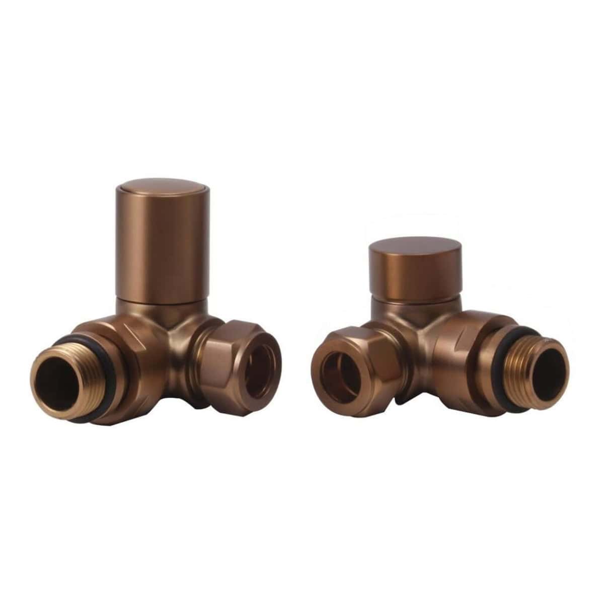 Bronze thermostatic radiator valves for efficient bathroom heating control from Bubly Bathrooms, styled to complement modern bathroom designs.