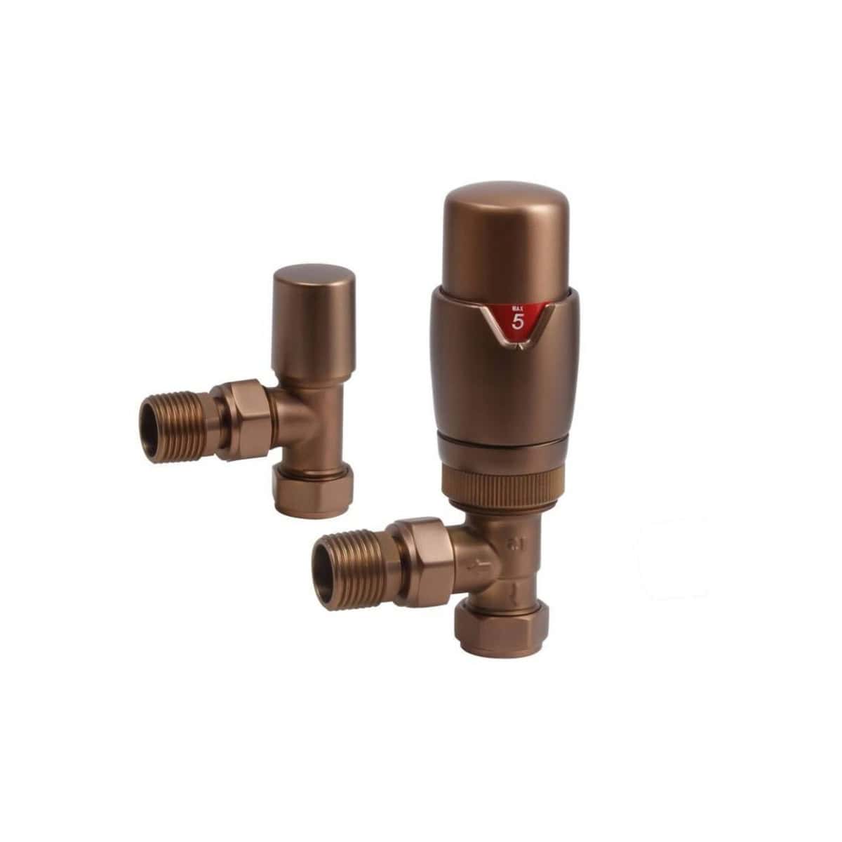 Brass radiator thermostatic valves for heated bathroom radiators, featuring adjustable control and durable finish. Perfect for modern bathroom heating systems.