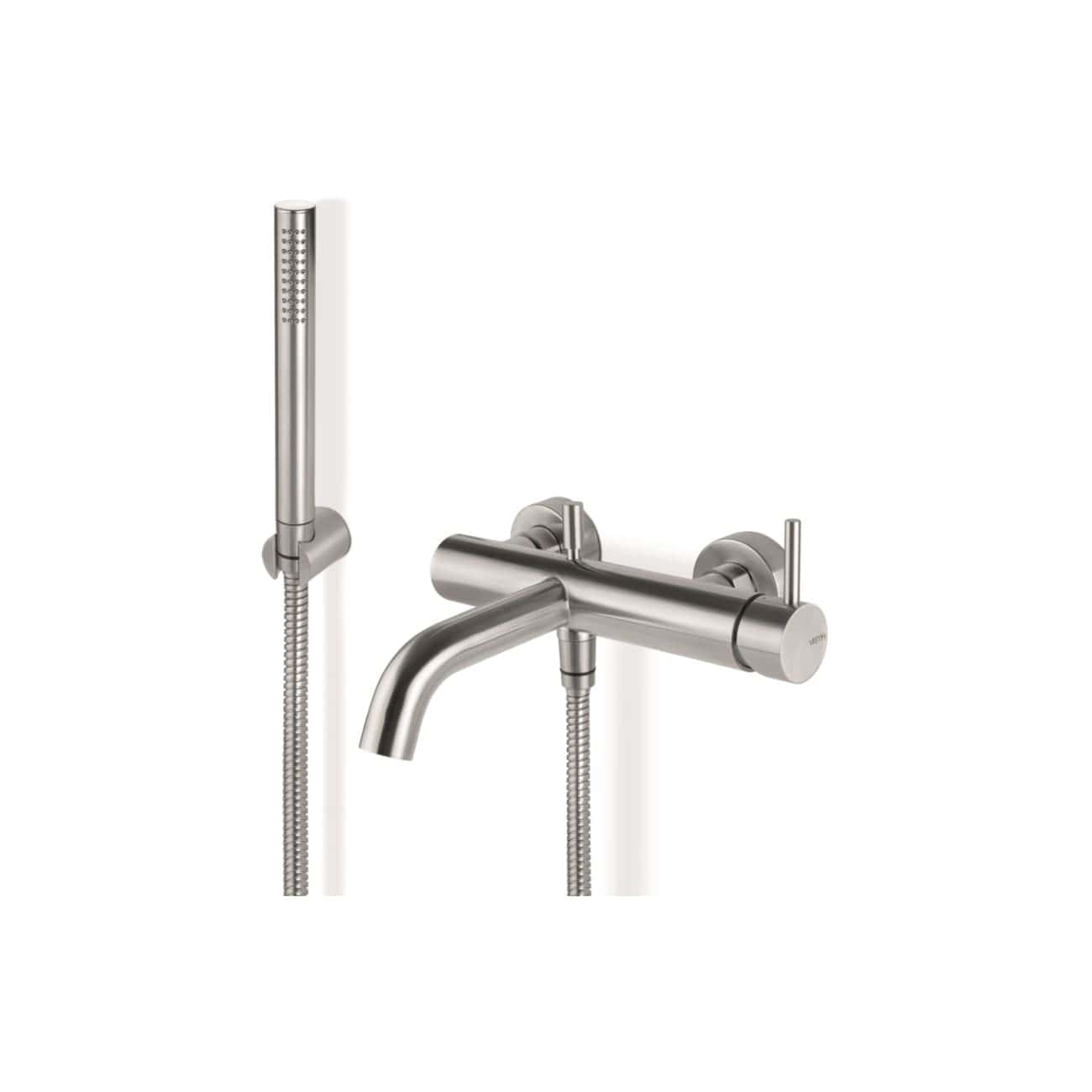 Sleek modern stainless steel bathroom faucet with integrated handheld shower and flexible hose, ideal for contemporary bathroom installations.