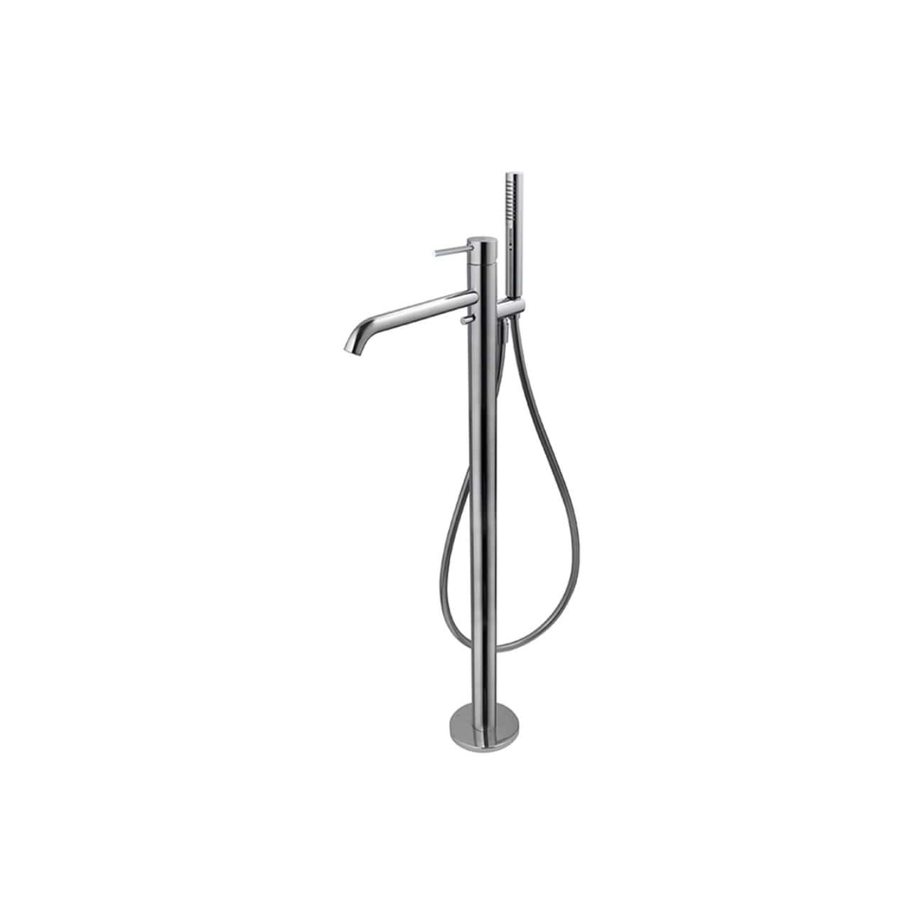 Polished chrome freestanding bathroom shower mixer with handheld showerhead, modern design, ideal for contemporary bathrooms, easy to install and use.