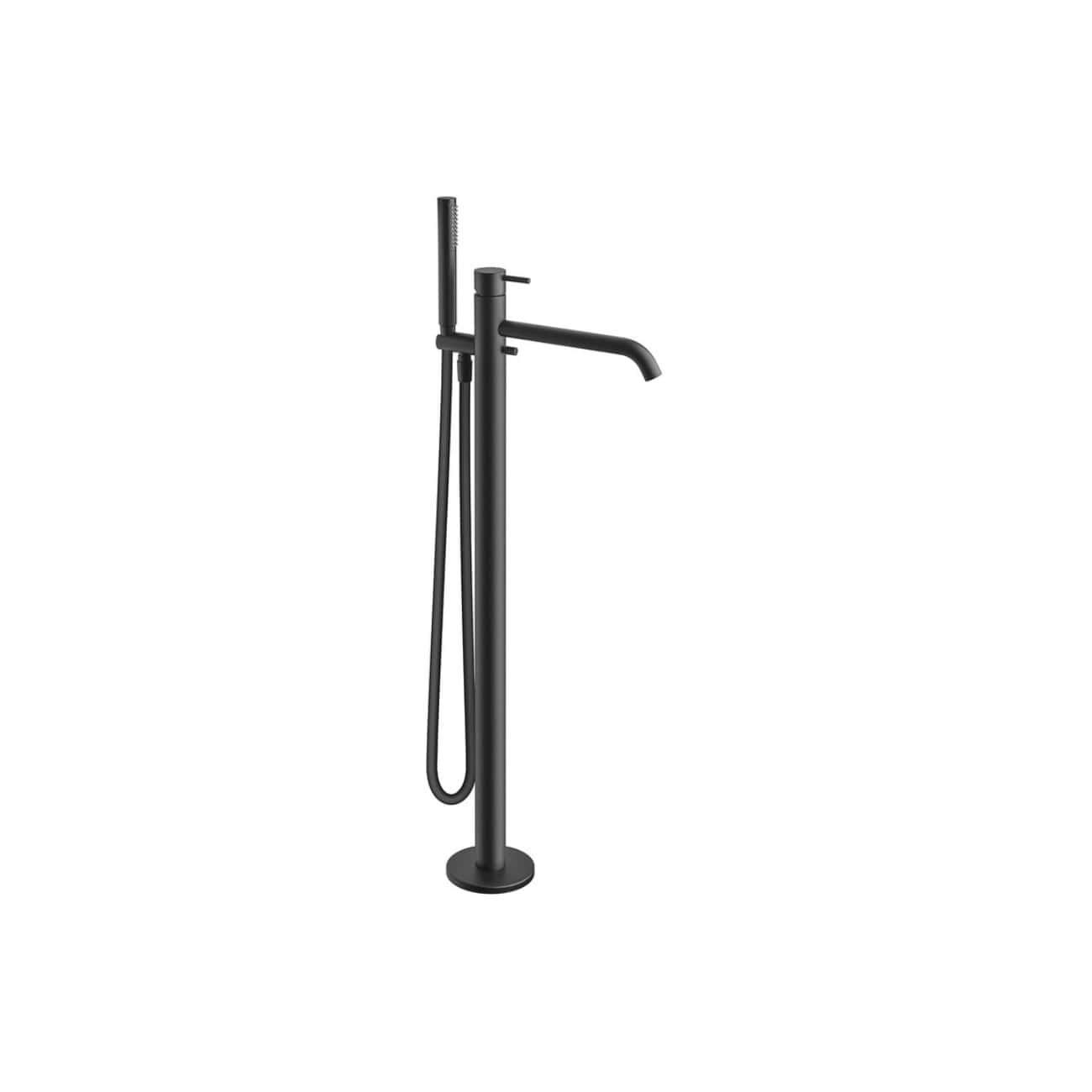 Modern black freestanding bathroom tap with matching hand shower, ideal for contemporary bathroom renovation and stylish water fixtures.