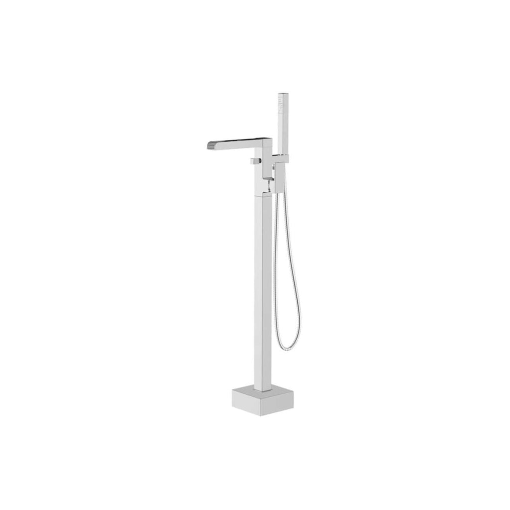 Sleek modern freestanding bathroom mixer tap with handheld shower, chrome finish, designed for contemporary bathroom interiors. Ideal for stylish, functional bathroom upgrades.