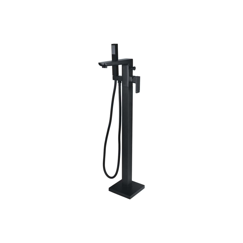 Adjustable black freestanding bathroom shower mixer with handheld shower head for modern bathroom fittings.