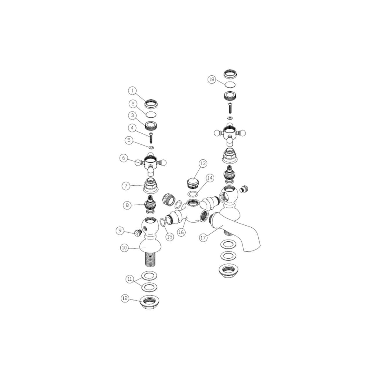 High-quality black and white technical diagram of Bubly Bathroom plumbing fittings, including taps, valves, and connectors, ideal for bathroom renovation and repair projects.