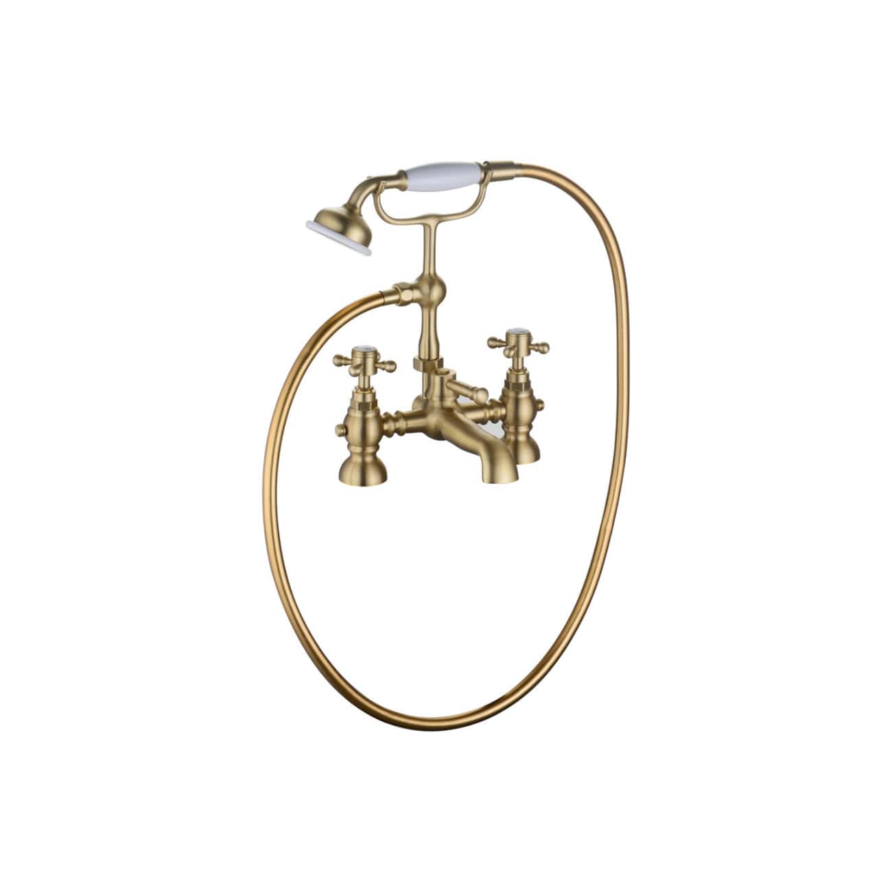 Vintage brass freestanding bathtub tap with showerhead and flexible hose, elegant bathroom fixture, traditional design, luxury bathroom accessories, Bubly Bathrooms UK.