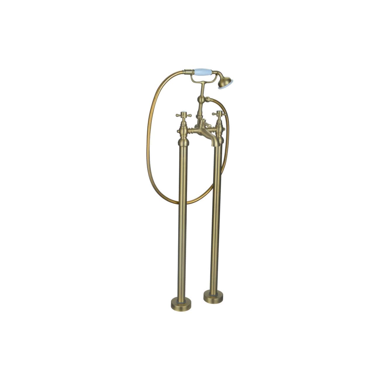 Vintage brass freestanding bath shower mixer tap with handheld shower head, antique-inspired bathroom fixture for luxurious bathing experience.