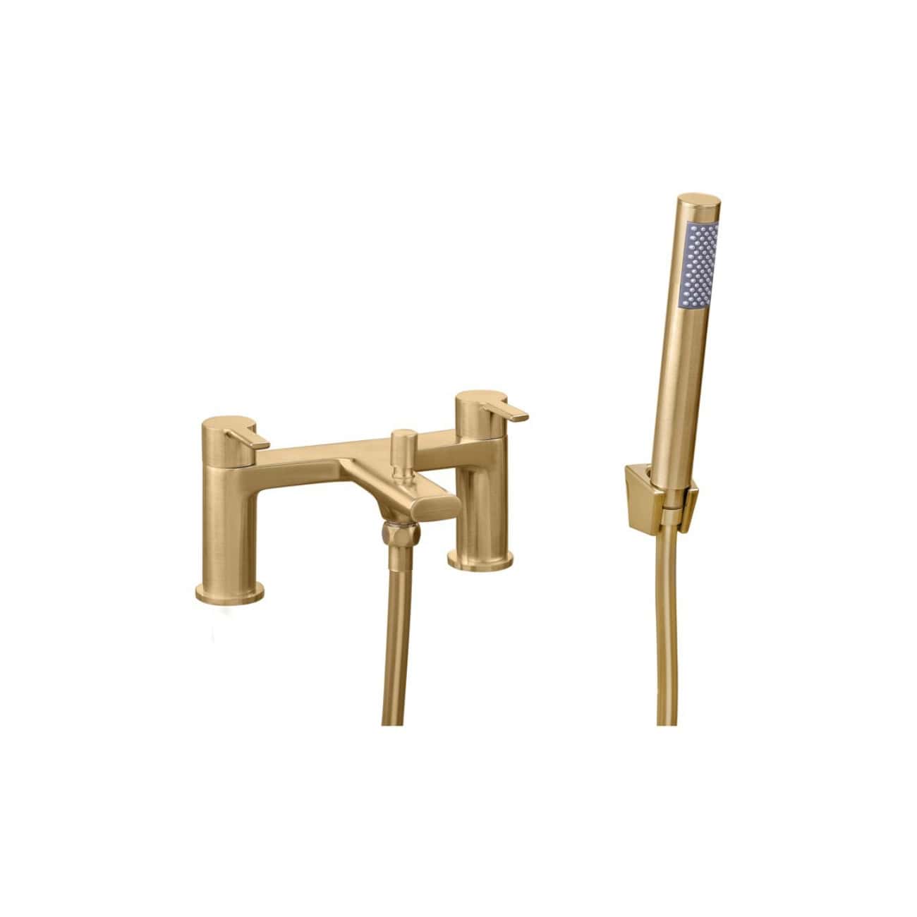 Polished gold bathroom tap and hand-held shower with modern design, suitable for luxurious bathrooms and high-end fixtures, offering durability and elegance.