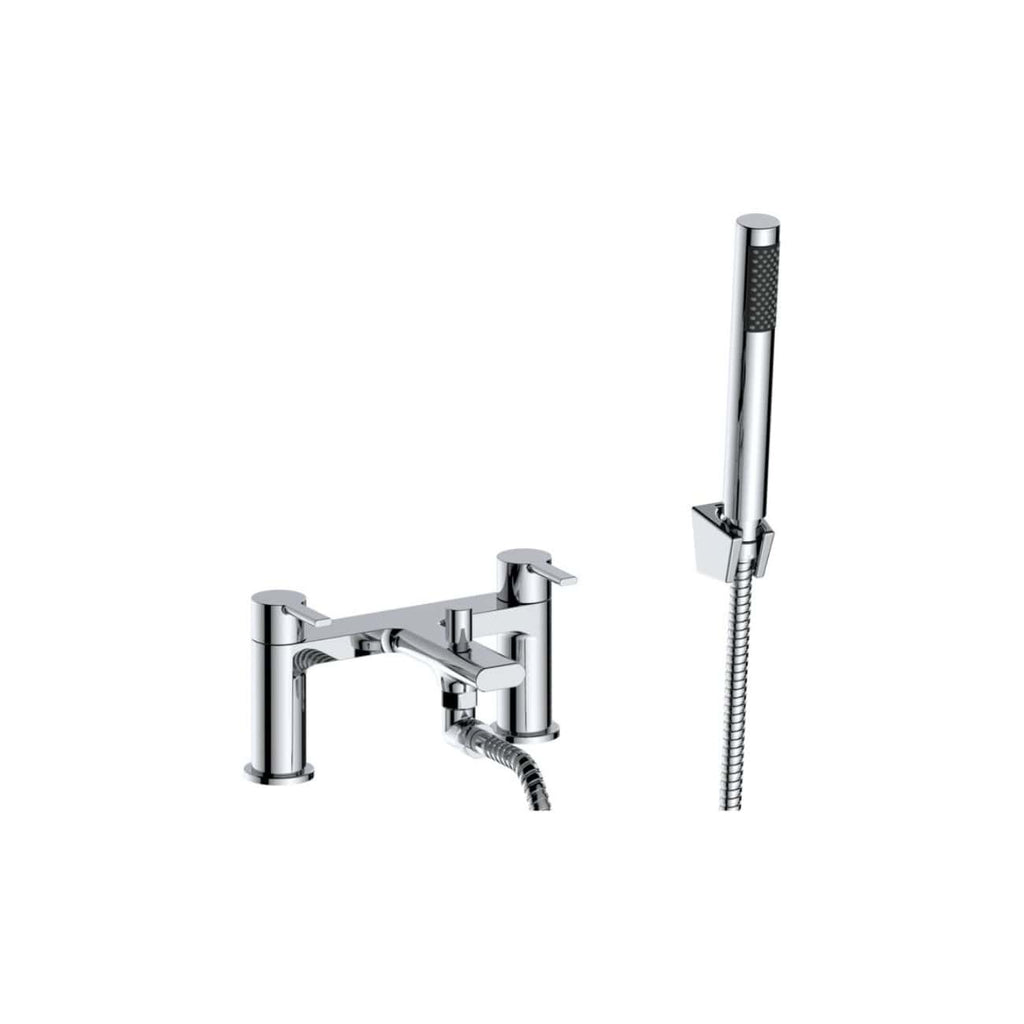 Chrome bathroom bath tap with matching shower head and hose, modern bathroom fittings for washbasins and baths. Stylish, high-quality fixtures designed for contemporary bathroom interiors.