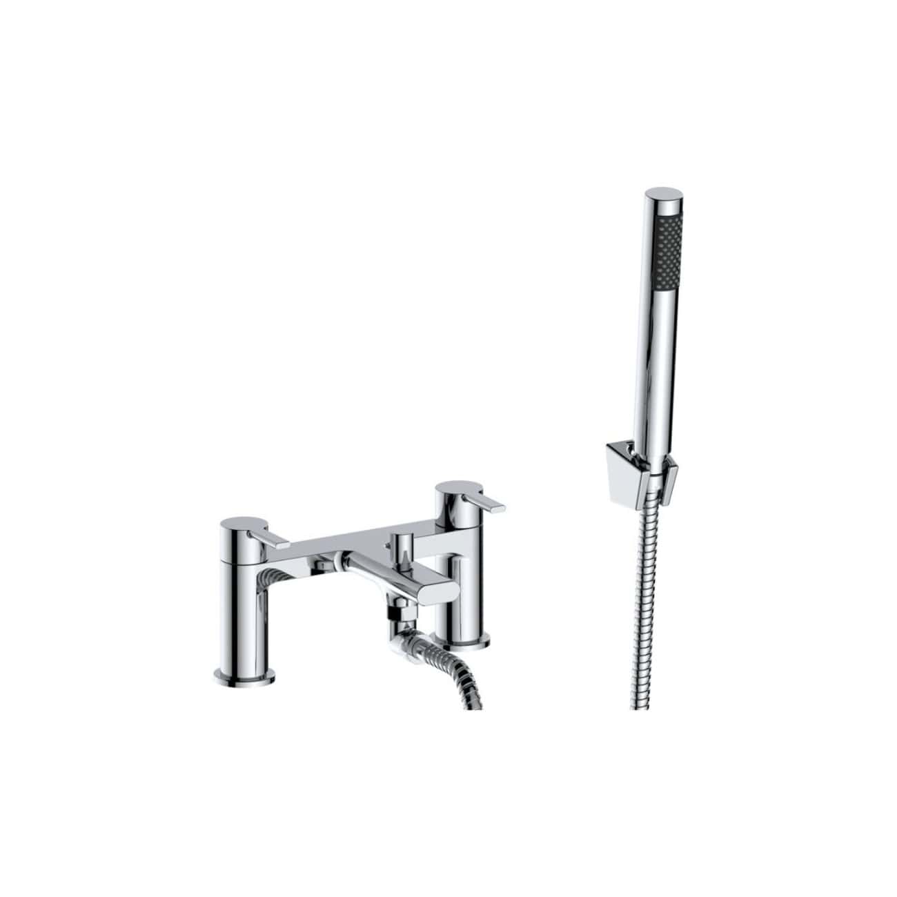 Chrome bathroom bath tap with matching shower head and hose, modern bathroom fittings for washbasins and baths. Stylish, high-quality fixtures designed for contemporary bathroom interiors.