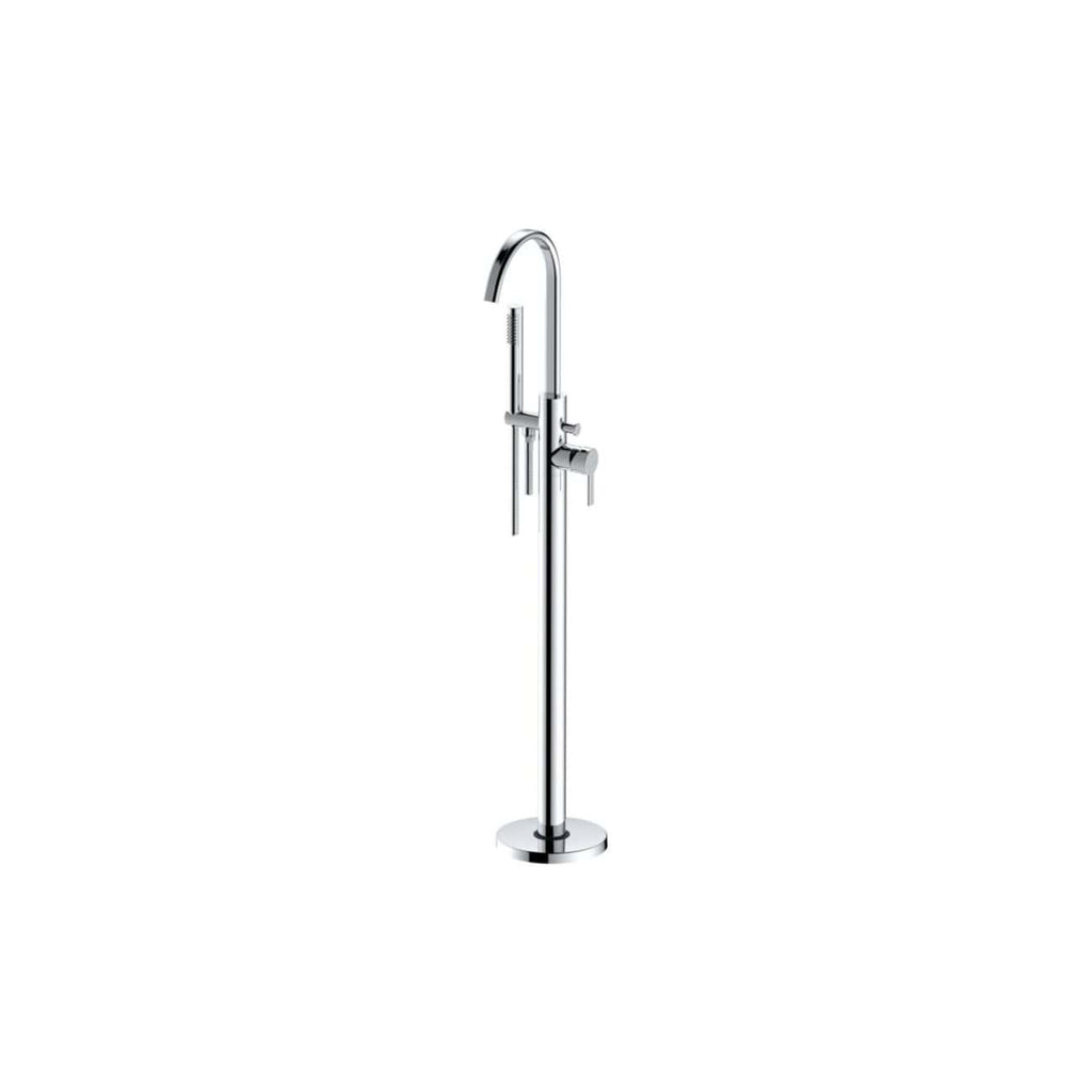 Brass bathroom tap with a modern, minimalist design, featuring a tall, curved spout and lever handle, ideal for contemporary bathroom fixtures.