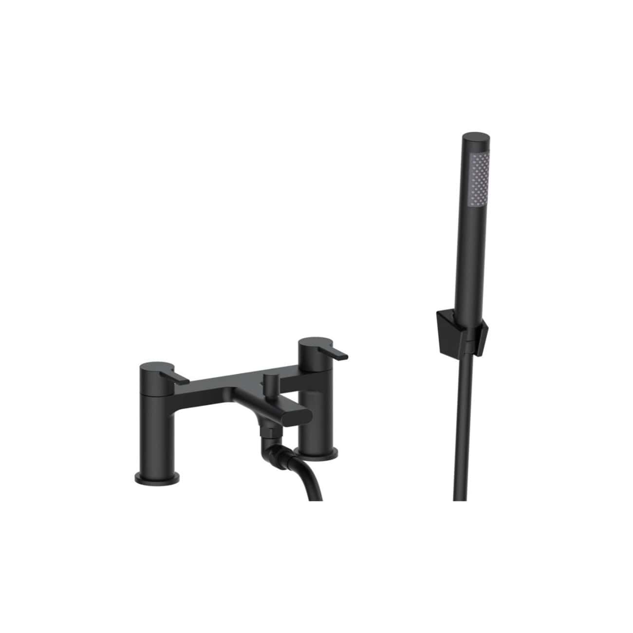Brushed black matte bathroom sink mixer tap with matching handheld showerhead, modern bathroom accessories, and sleek black finish for contemporary bathroom design.
