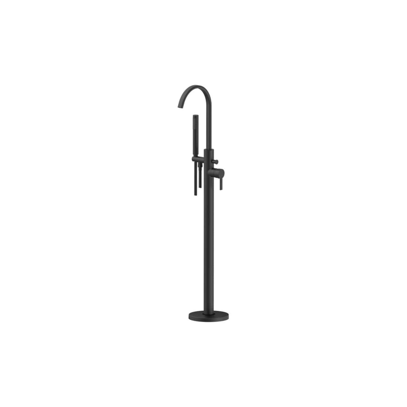 Elegant black freestanding bathroom tap with a modern design, suitable for stylish baths and basins, featuring a sleek curved spout and easy-to-use controls.