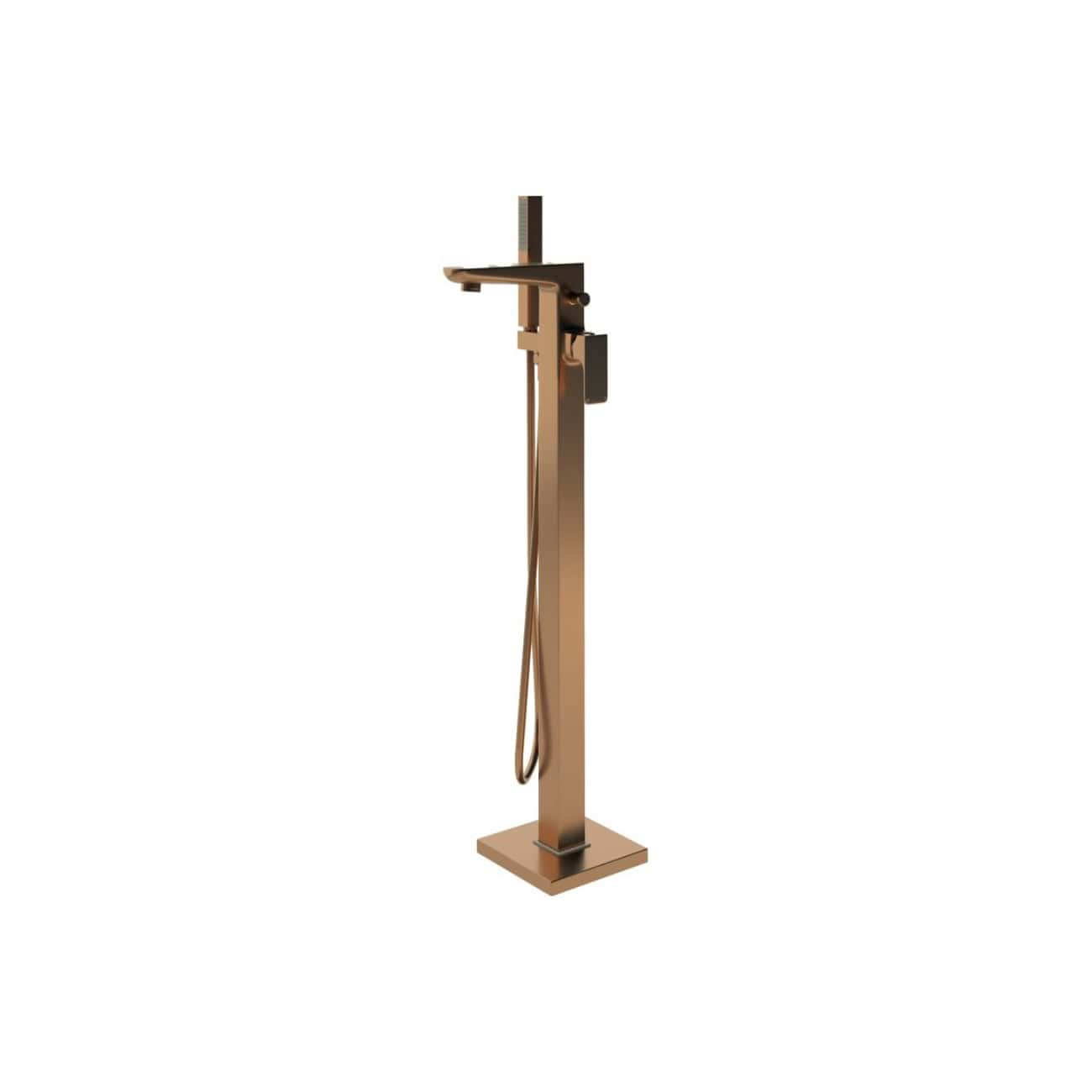 Modern copper freestanding bathtub filler with attached hand shower, designed for luxury bathroom installations. Perfect for adding style and functionality to contemporary bathrooms.
