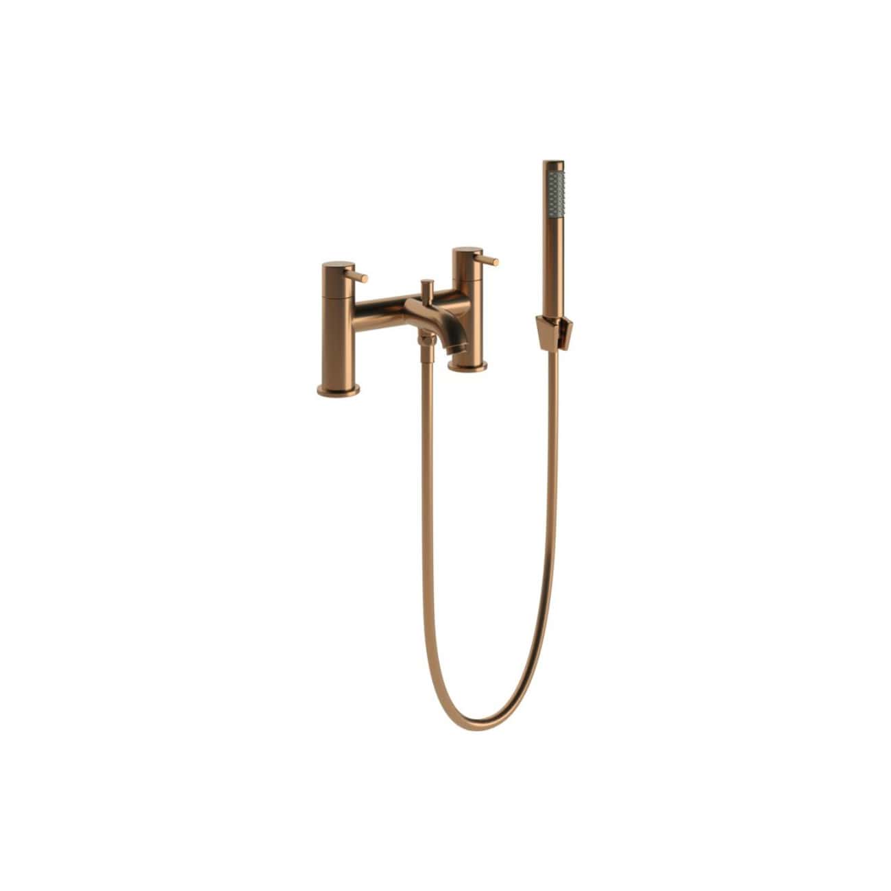 Elegant rose gold bathroom faucet with a matching handheld shower head, ideal for modern bathroom upgrades and stylish water fixtures.
