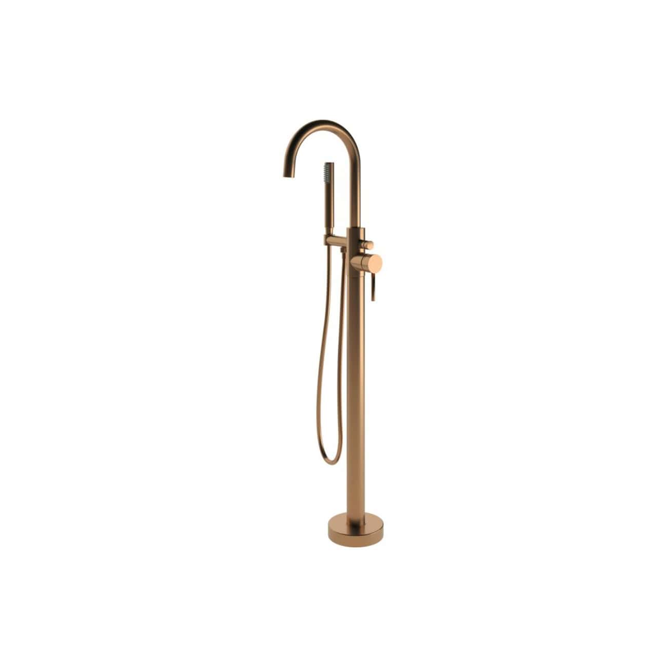 Elegant rose gold freestanding bathroom tap with a handheld shower and modern lever control, ideal for luxury baths and stylish bathroom renovations.