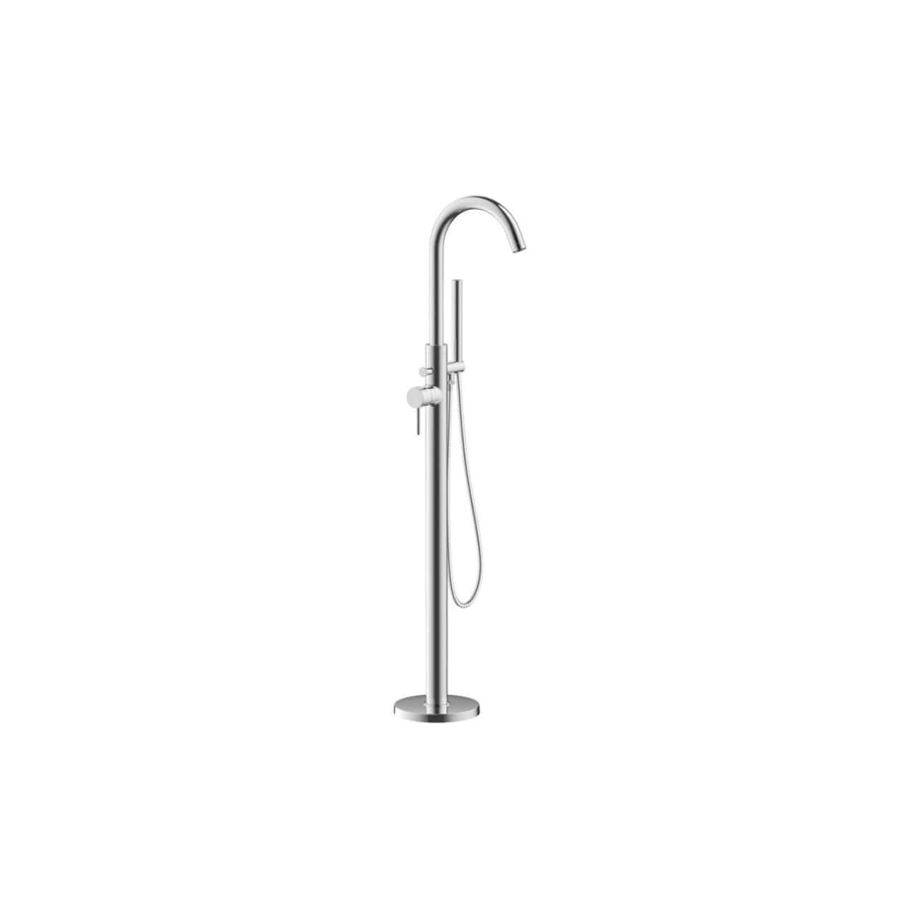 Polished chrome freestanding shower column with handheld shower head and modern design for luxury bathroom upgrades.