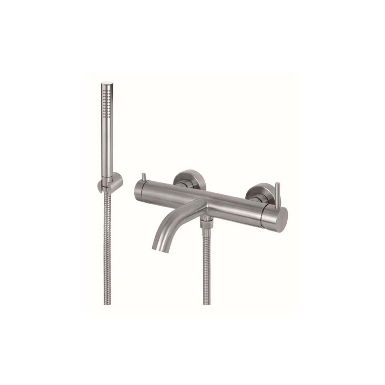 Brushed stainless steel bathroom mixer tap with handheld shower and flexible hose, ideal for modern shower systems and bathroom renovations.