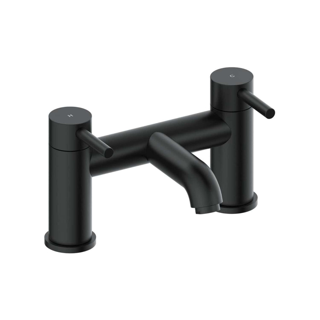 Modern black kitchen mixer tap with dual handles for hot and cold water, sleek matte finish, ideal for contemporary bathrooms or kitchens.