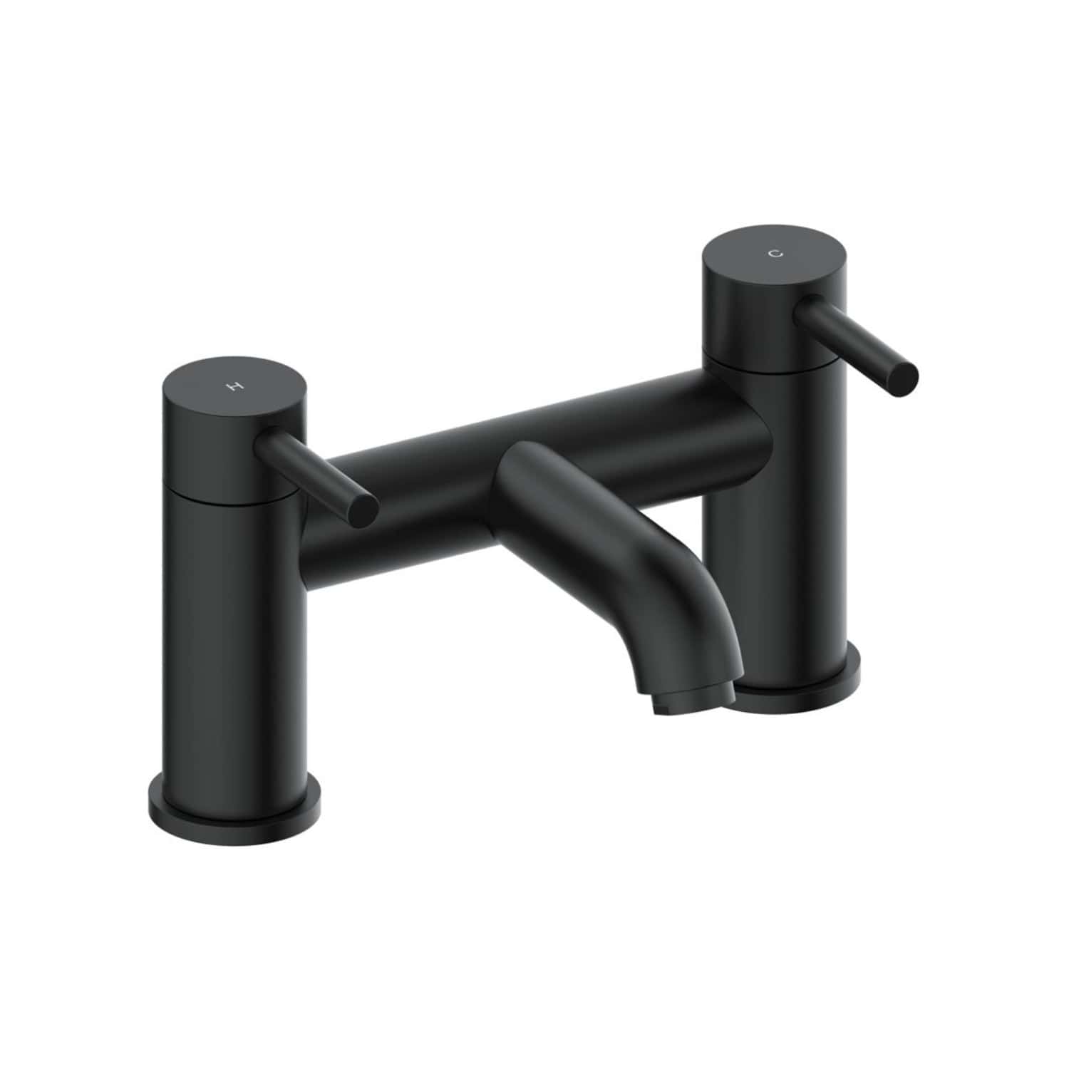 Modern black kitchen mixer tap with dual handles for hot and cold water, sleek matte finish, ideal for contemporary bathrooms or kitchens.