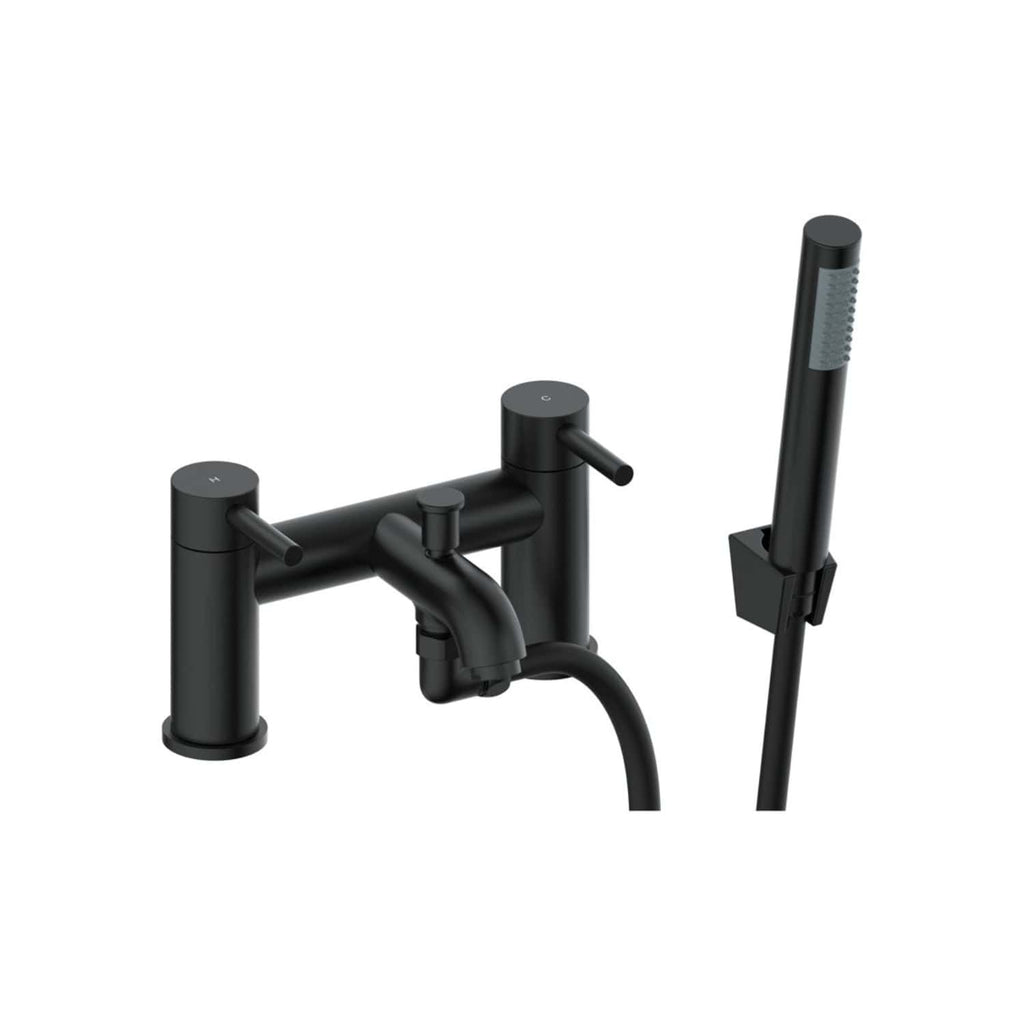 Sleek black bathtub mixer tap with integrated handheld showerhead, modern design, ideal for contemporary bathrooms, featuring dual controls for water temperature and flow.