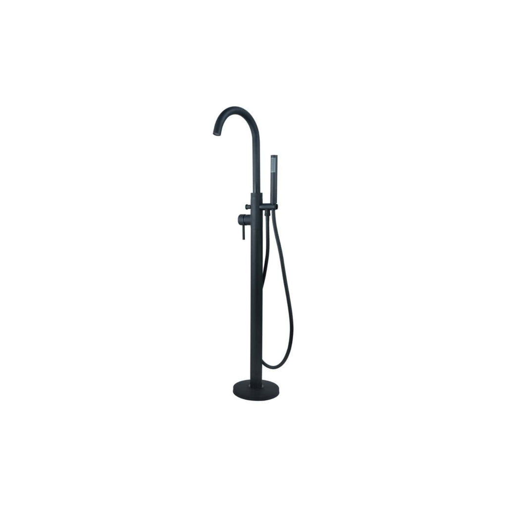 Black freestanding bathroom shower column with hand shower and curved spout for modern bathroom design.