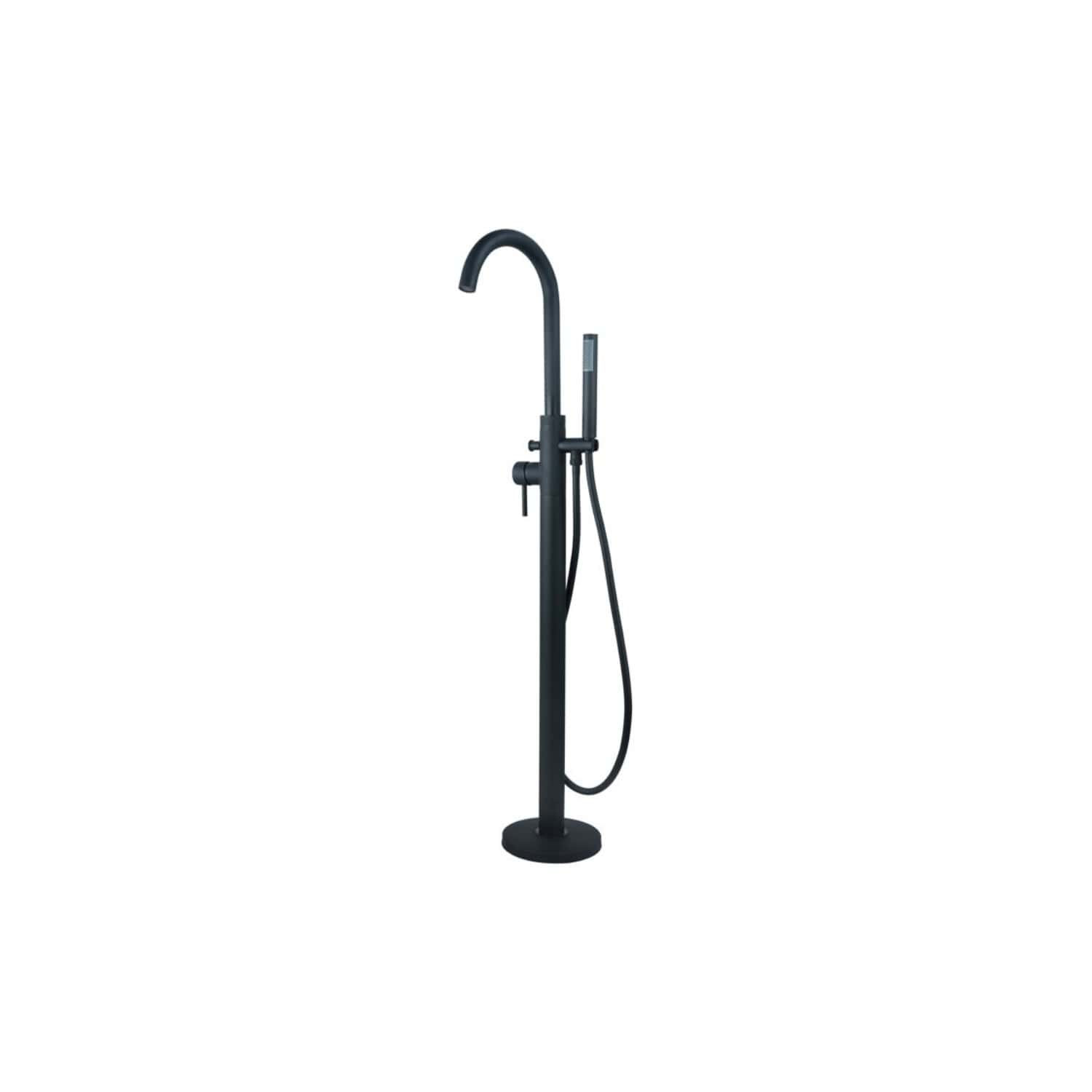 Black freestanding bathroom shower column with hand shower and curved spout for modern bathroom design.