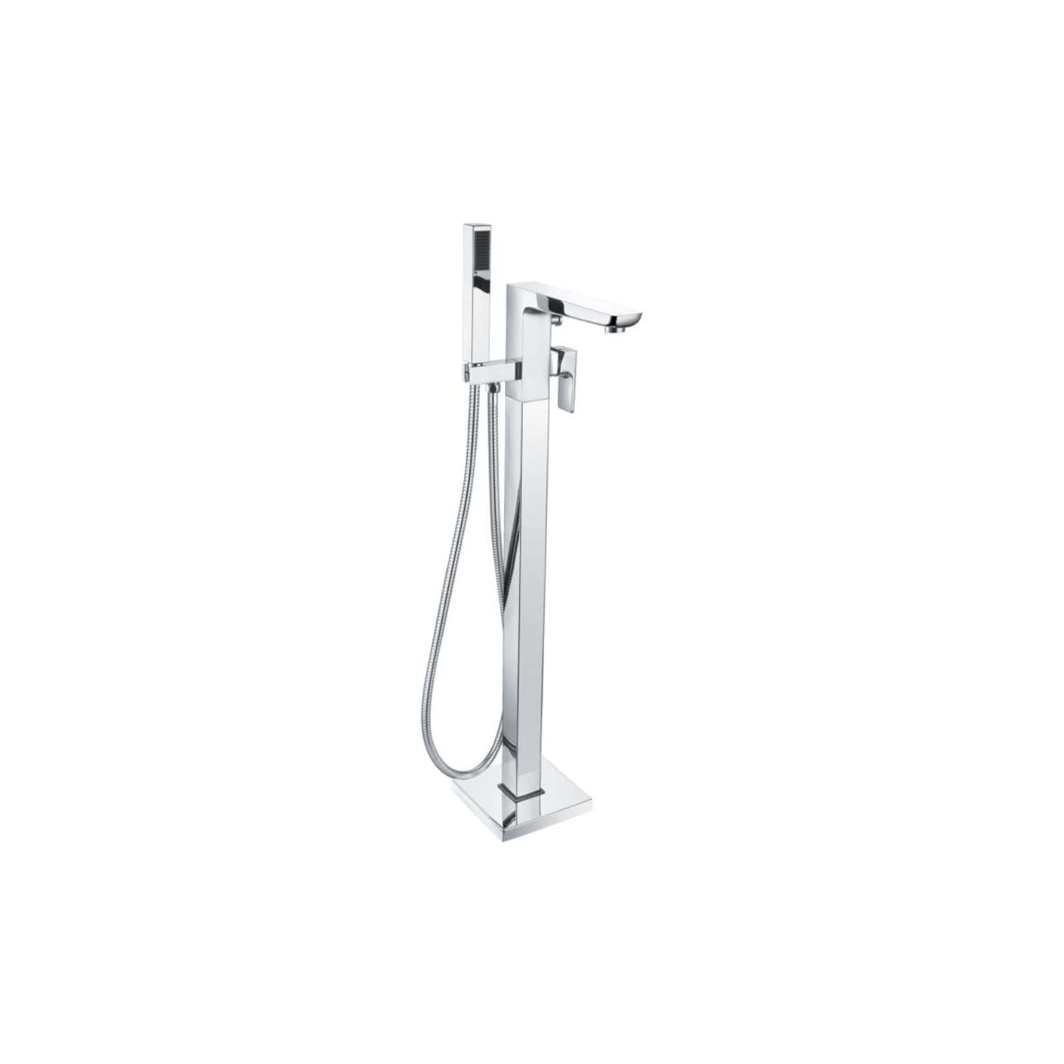 Sleek chrome freestanding bathroom tap with handheld shower attachment, modern design ideal for contemporary bathroom renovations.