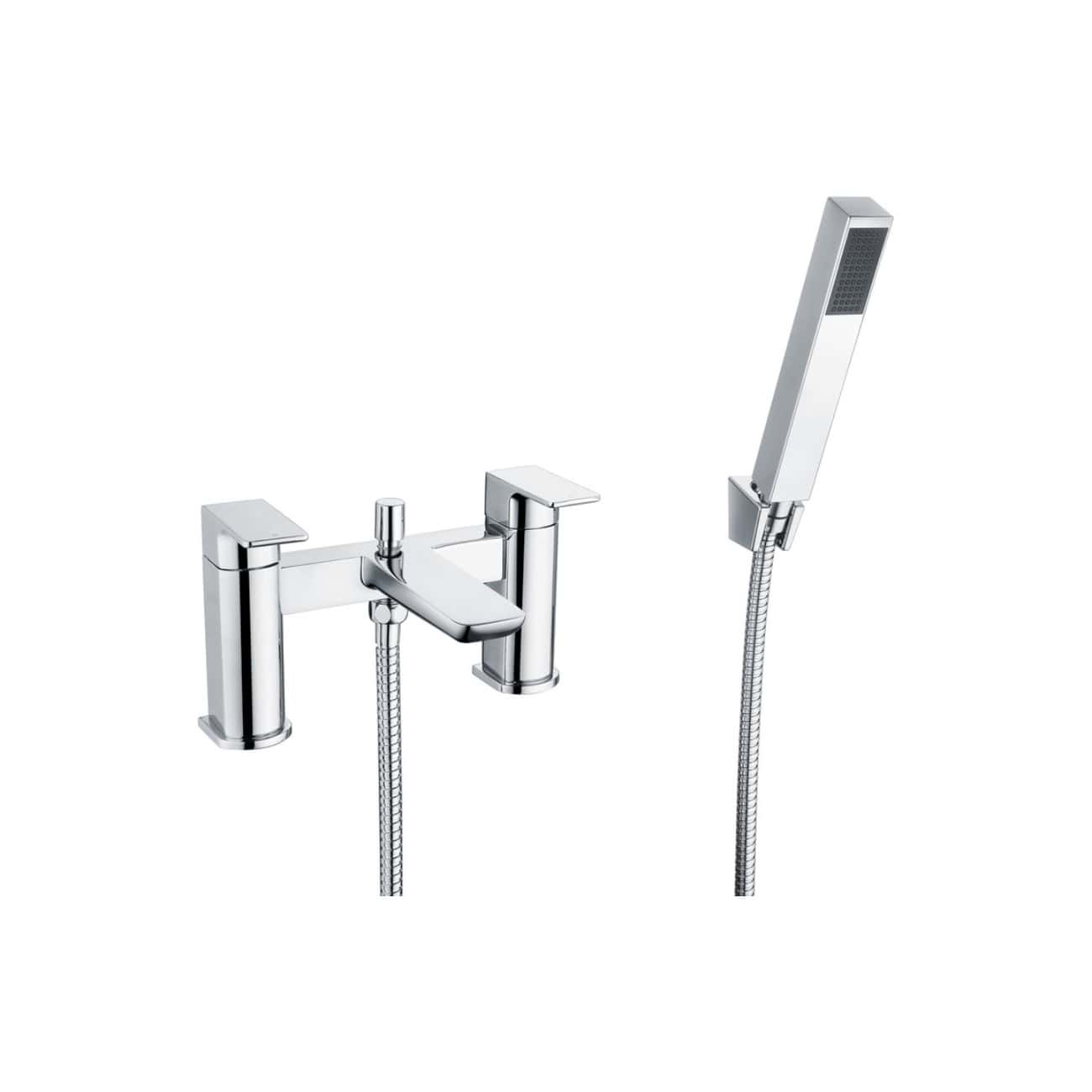 Sleek modern chrome bathroom tap with integrated handheld shower and flexible hose, perfect for contemporary Bubly bathrooms.