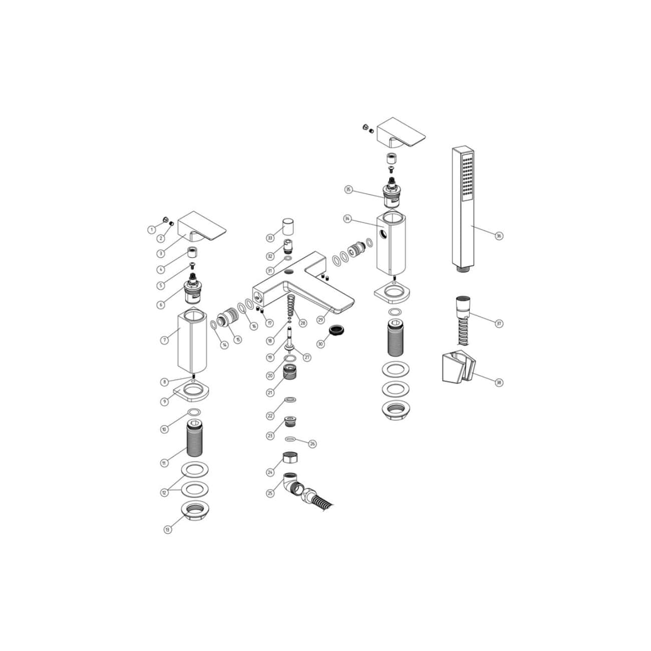 Flexible modern bathroom faucet with detailed installation diagram, showcasing various components, handles, spouts, and mounting parts for Bubly Bathrooms. Perfect for plumbing and renovation projects.
