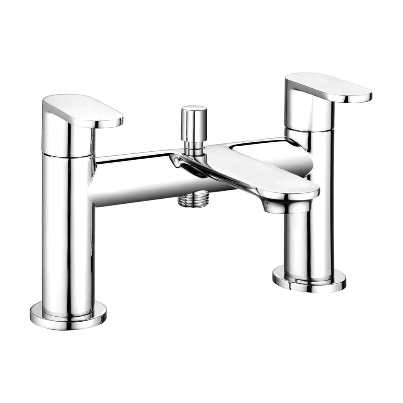 Polished chrome multi-function kitchen tap with dual levers, suitable for modern bathrooms and kitchens, featuring a sleek design and easy-to-use controls for hot and cold water.