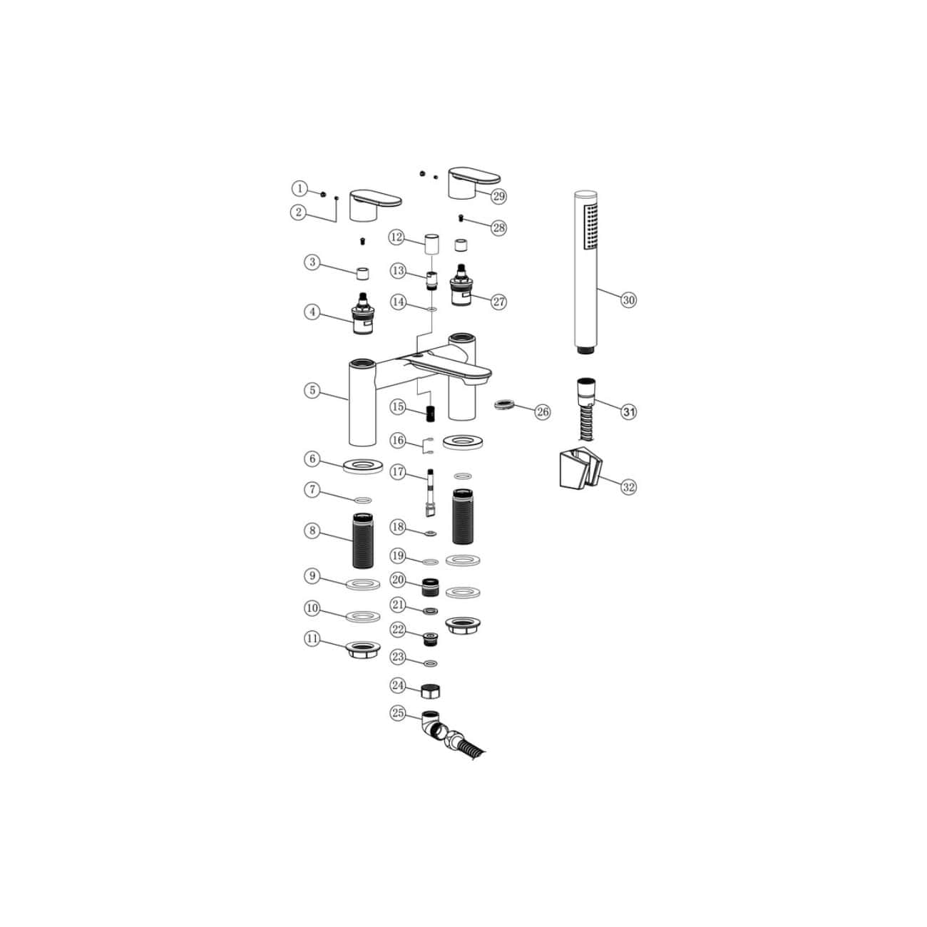 Flexible modern bathroom mixer tap with installation diagram, showcasing components like handles, spindles, valves, and connection fittings, designed for stylish water control solutions.