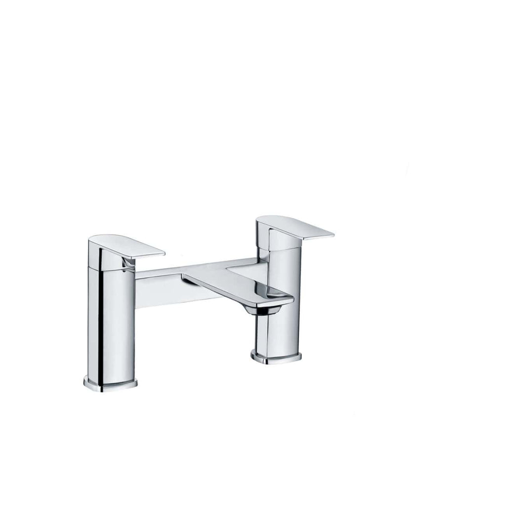 Shiny chrome bathroom mixer tap with dual handles, modern design for sink or basin installation. Sleek and durable for contemporary bathrooms, offering easy control of water temperature and flow.