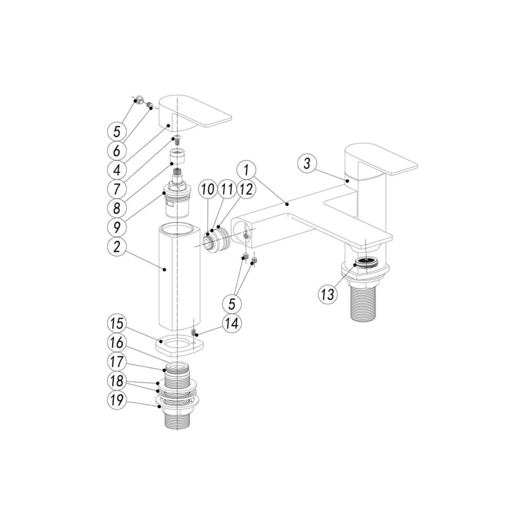 Flexible bathroom faucet diagram in technical line art, showcasing detailed parts and assembly process for plumbing repair or installation. Ideal for bathroom renovation projects.