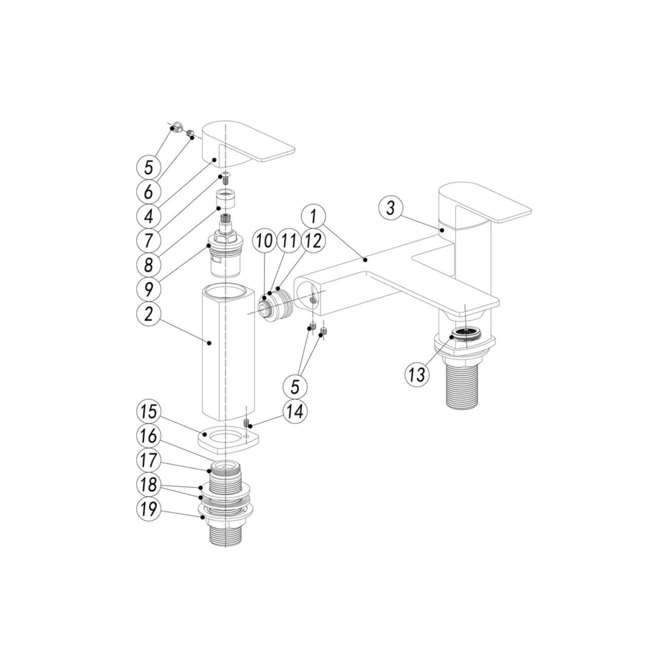 Flexible bathroom faucet diagram in technical line art, showcasing detailed parts and assembly process for plumbing repair or installation. Ideal for bathroom renovation projects.