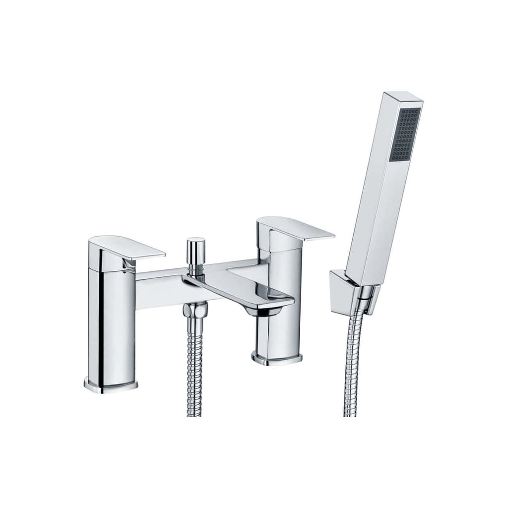Polished chrome bath tap with integrated hand shower and dual spouts, modern design, suitable for contemporary bathrooms. Perfect for enhancing style and functionality in bathroom fixtures.