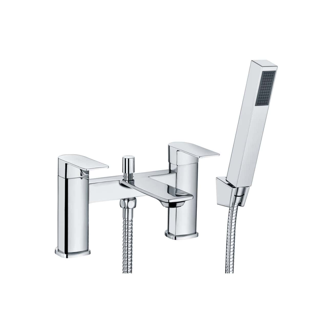 Polished chrome bath tap with integrated hand shower and dual spouts, modern design, suitable for contemporary bathrooms. Perfect for enhancing style and functionality in bathroom fixtures.
