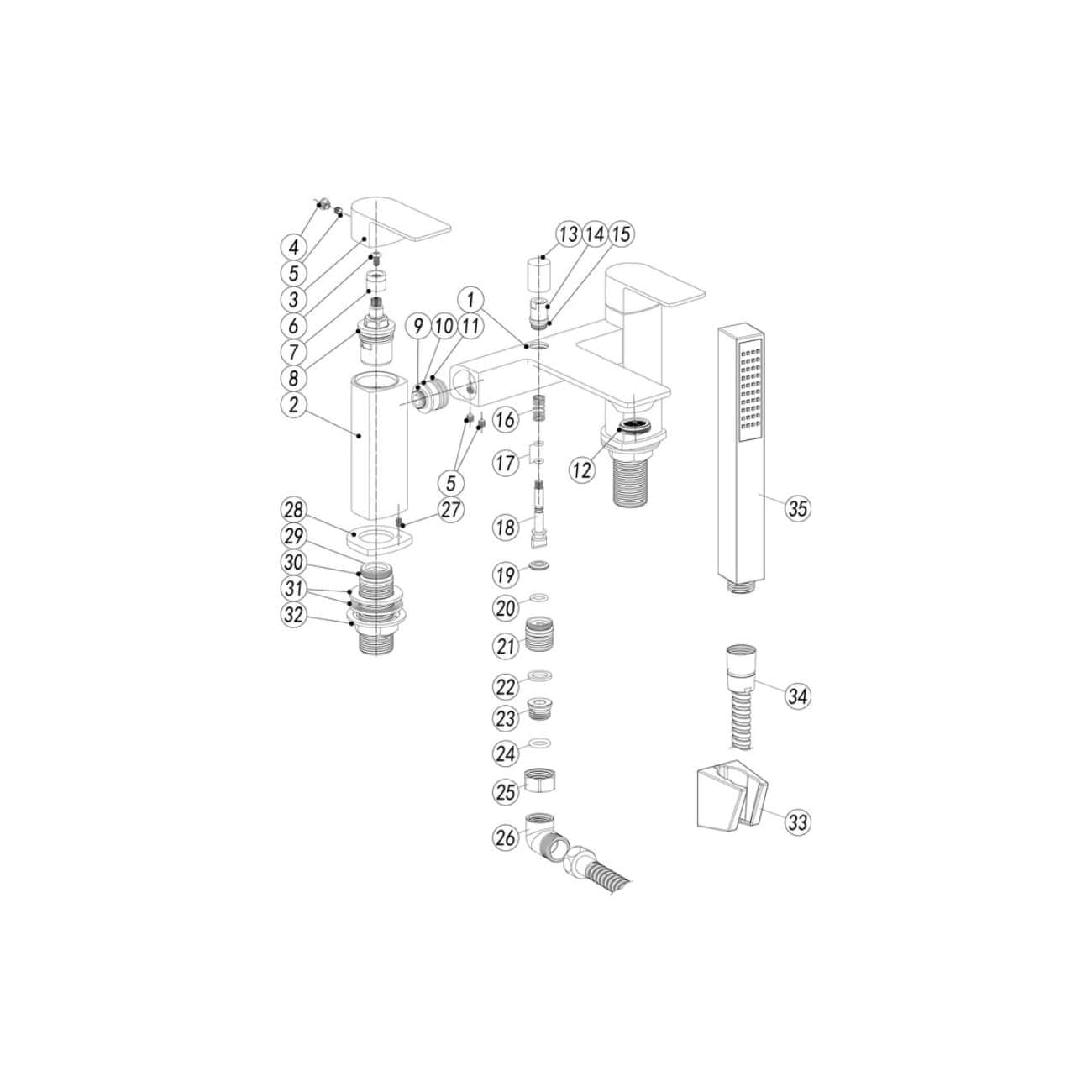 Exploded view of Bubly Bathrooms' modern bathroom faucet and plumbing components, showcasing installation parts and design details for quality bathroom fixtures.