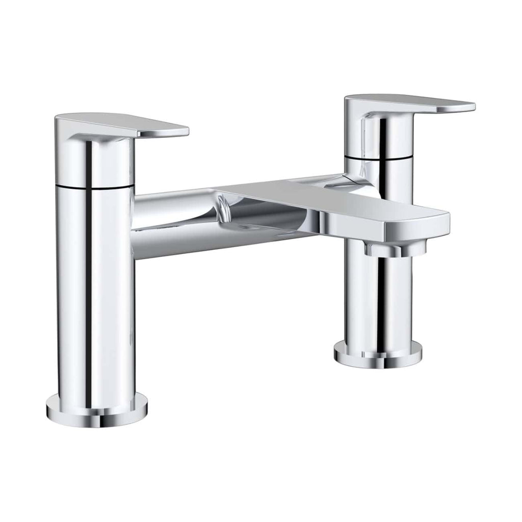Polished chrome bathroom sink tap with modern dual-handle design, ideal for contemporary bathroom vanity setups.