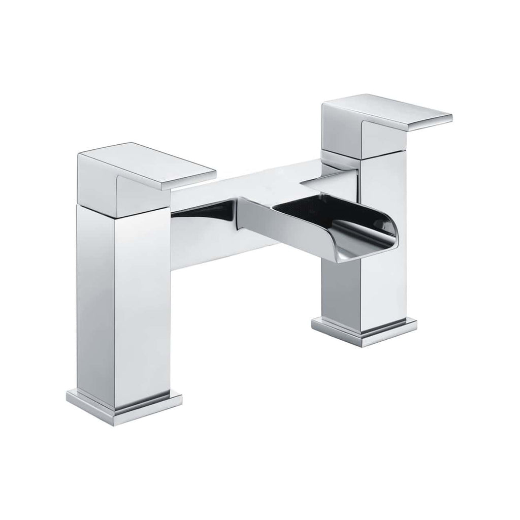 Polished chrome bathroom tap with modern geometric design, suitable for contemporary bathrooms. Durable, stylish plumbing fixture from Bubly Bathrooms UK.