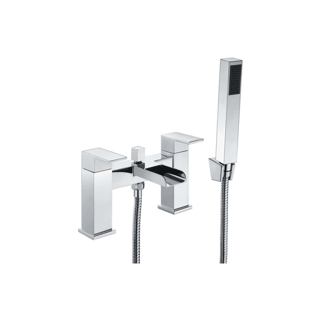 Polished chrome bath tap with attached handheld shower head and flexible hose, modern design for contemporary bathrooms.