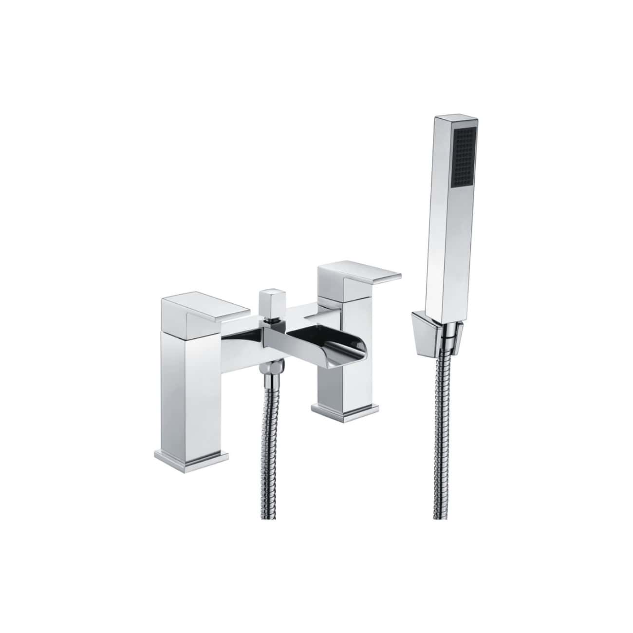 Polished chrome bath tap with attached handheld shower head and flexible hose, modern design for contemporary bathrooms.
