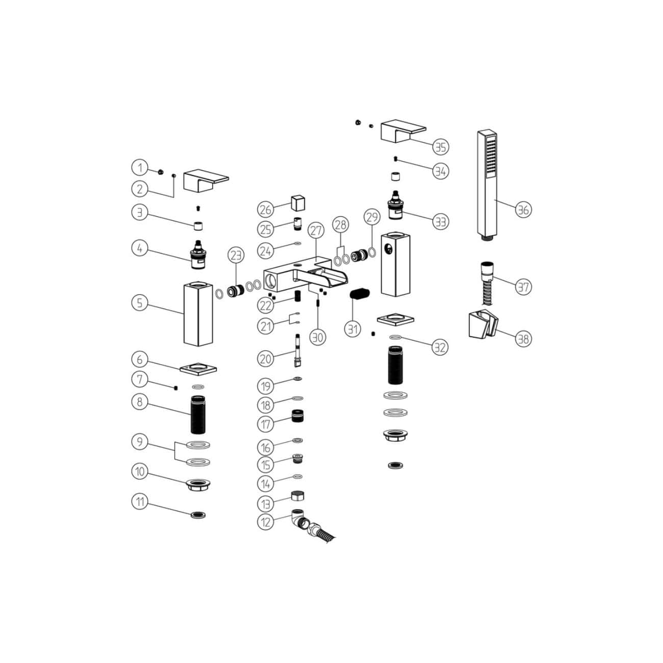 Schematic diagram of Bubly Bathrooms faucet components, showing detailed parts and assemblies for bathroom fixtures and fittings. Ideal for installation, repair, and maintenance of bathroom plumbing systems.