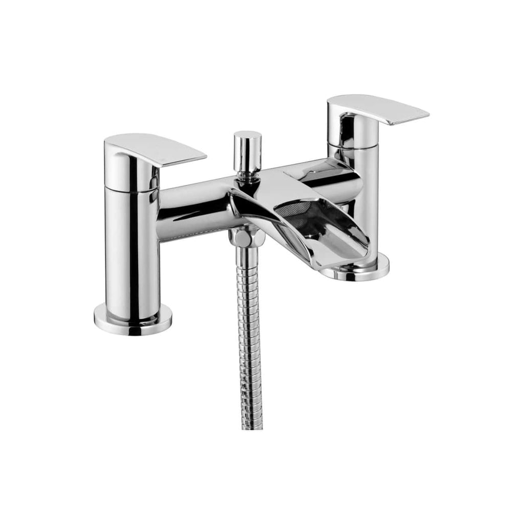 Shiny chrome bath faucet with dual handles and hand shower attachment, modern bathroom fixtures for stylish and functional bathing solutions.