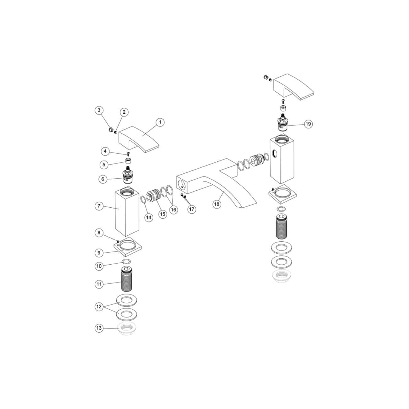 Exploded view of Bubly Bathrooms faucet assembly illustrating parts, including handles, seals, cartridges, and mounting hardware for accurate installation and maintenance.