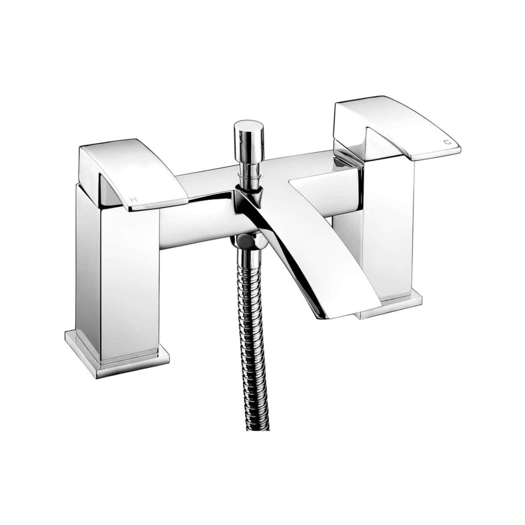 Shiny chrome bathroom tap with dual handles and flexible hose, ideal for modern bathtubs and washbasins, showcasing sleek and contemporary bathroom design.